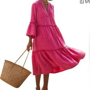 Faherty Vida Dream Organic Cotton Gauze Tiered Midi Dress Pink size S New